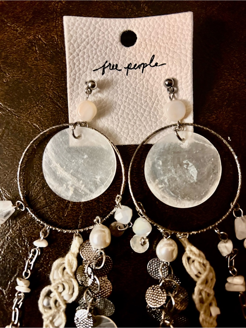 Free People Cream and Silver Boho Tassel Hoop Earrings NWOT - Picture 3 of 3